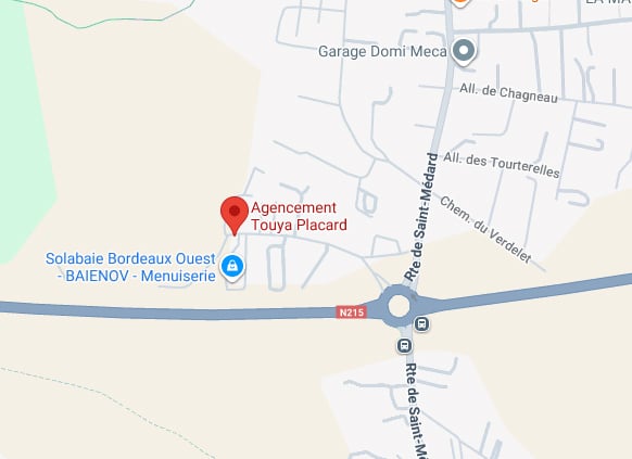 Agencement Touya Placard: accès facile via N215 à Saint-Médard Carte de Saint-Médard-en-Jalles: Agencement Touya Placard, Solabaie Menuiserie, Garage Domi Meca, N215, Rte de Saint-Médard.